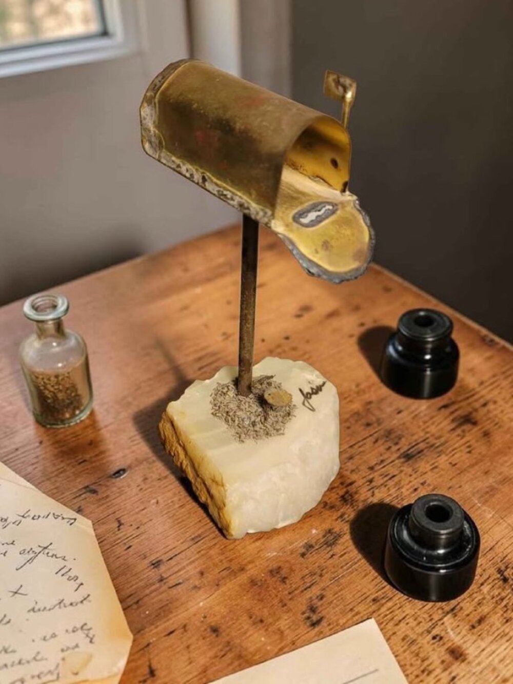 Vintage Mario Jason Brutalist Brass Mailbox Metal Artwork on Milky Quartz Signed